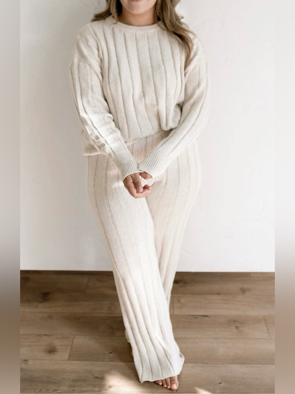 Oat New York Wide Ribbed Knit Wide Leg Sweater Set - Cream